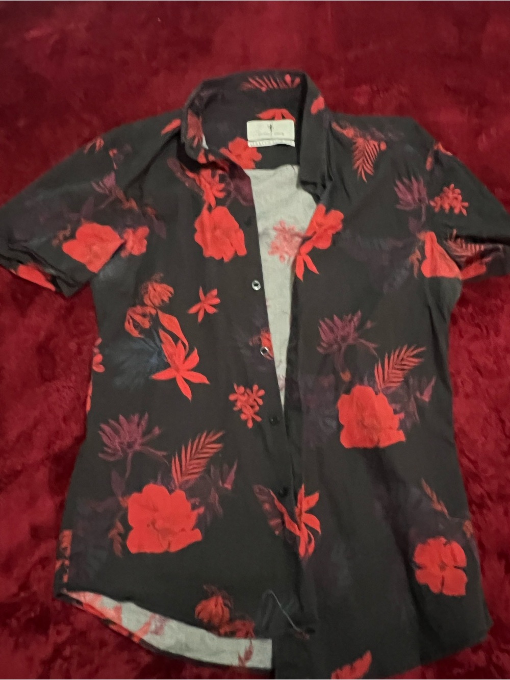 Father & sons L stretch slim Black Short-Sleeve Shirt with Red Floral Print